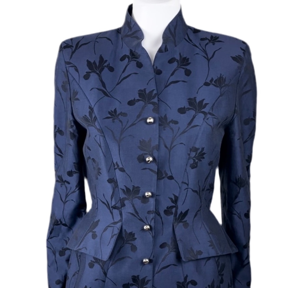 Mugler Navy Blue Floral Jacquard Pencil Skirt Set